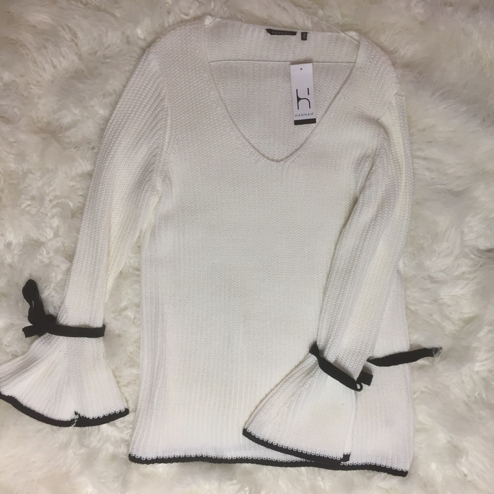 Tie Flare Bell Sleeve White Sweater w/ Black Trim